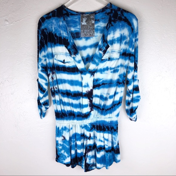YOUNG BROKE & FABULOUS Blue Tie Dye Romper XS - Picture 6 of 14